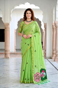 Sangam Prints Parrot Green Cotton Blend Woven Work Traditional Saree | Grocsy