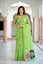 Sangam Prints Parrot Green Cotton Blend Woven Work Traditional Saree | Grocsy