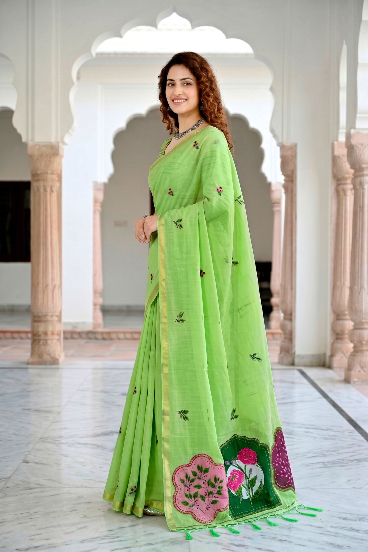 Sangam Prints Parrot Green Cotton Blend Woven Work Traditional Saree | Grocsy