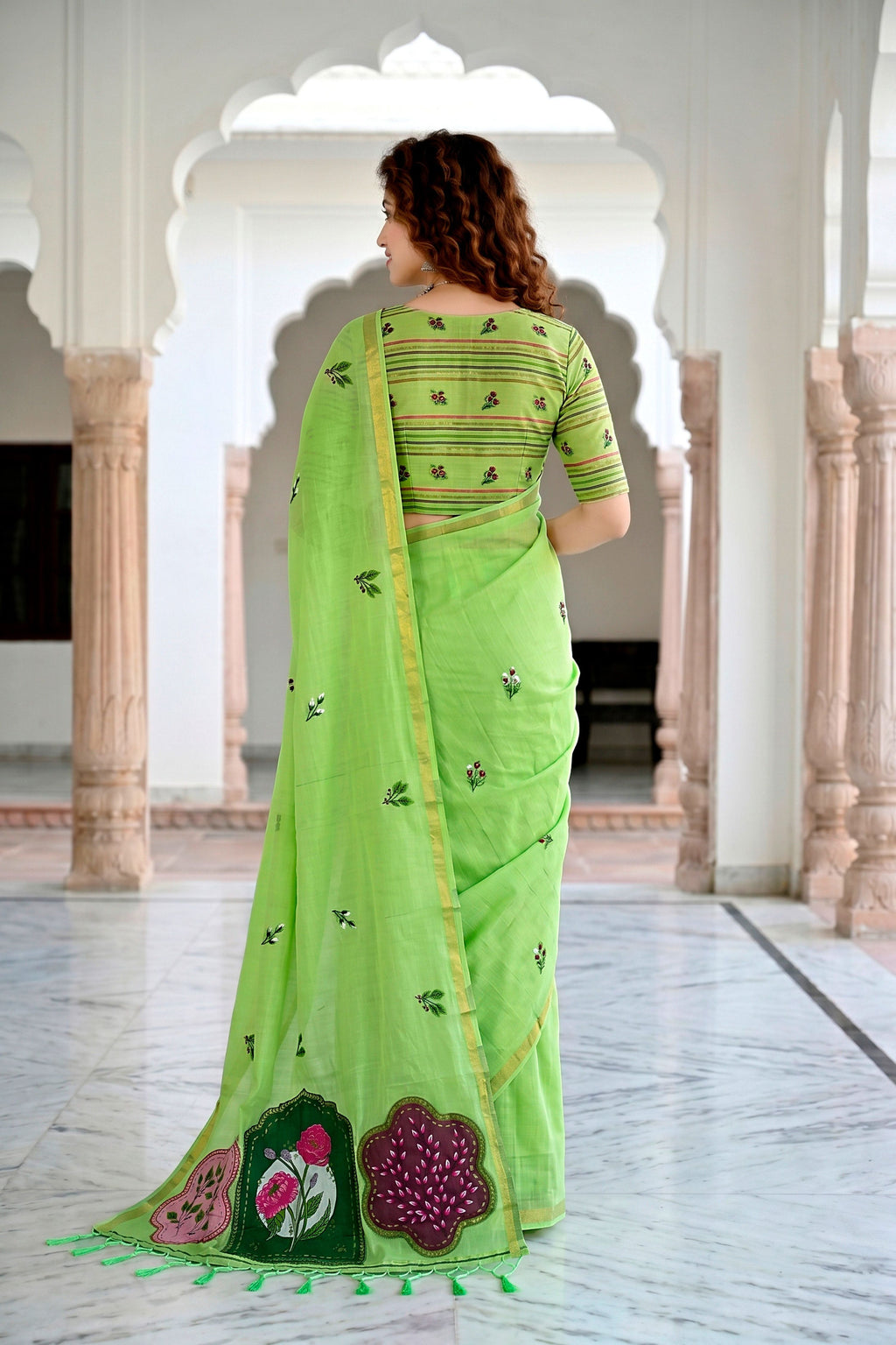 Sangam Prints Parrot Green Cotton Blend Woven Work Traditional Saree | Grocsy