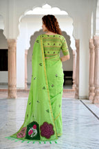 Sangam Prints Parrot Green Cotton Blend Woven Work Traditional Saree | Grocsy