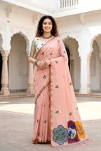 Sangam Prints Peach Cotton Blend Woven Work Traditional Saree | Grocsy