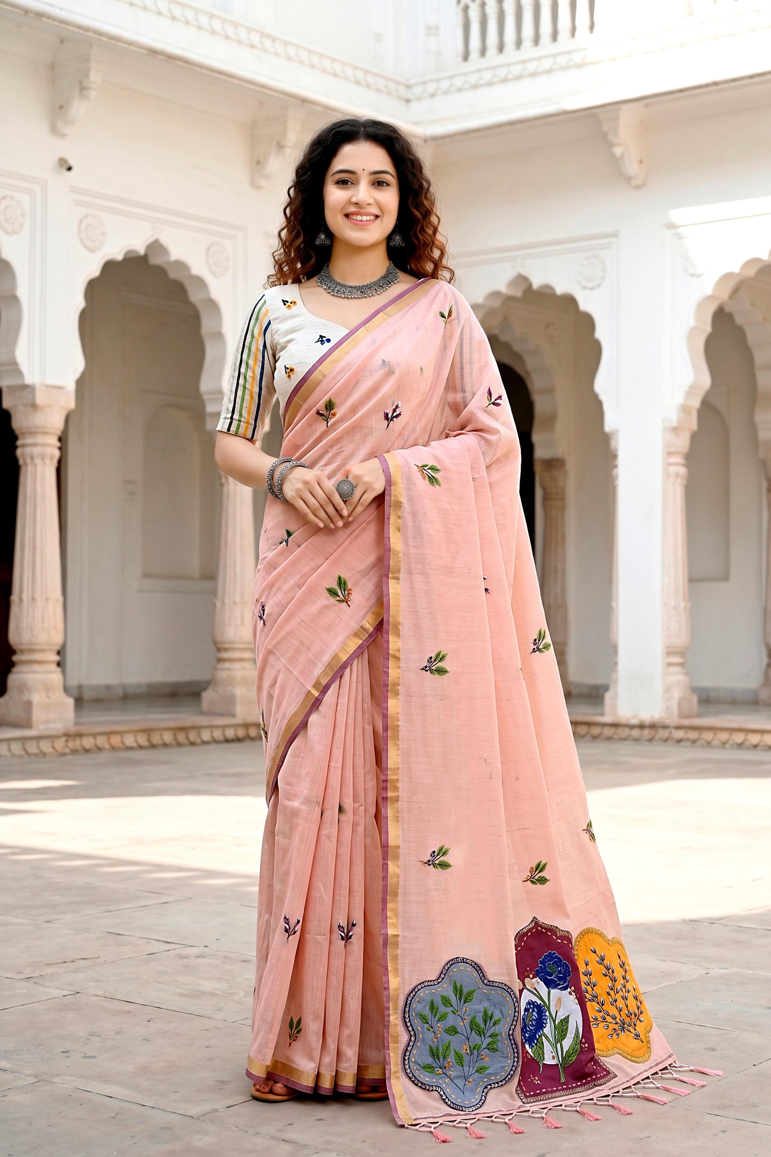 Sangam Prints Peach Cotton Blend Woven Work Traditional Saree | Grocsy