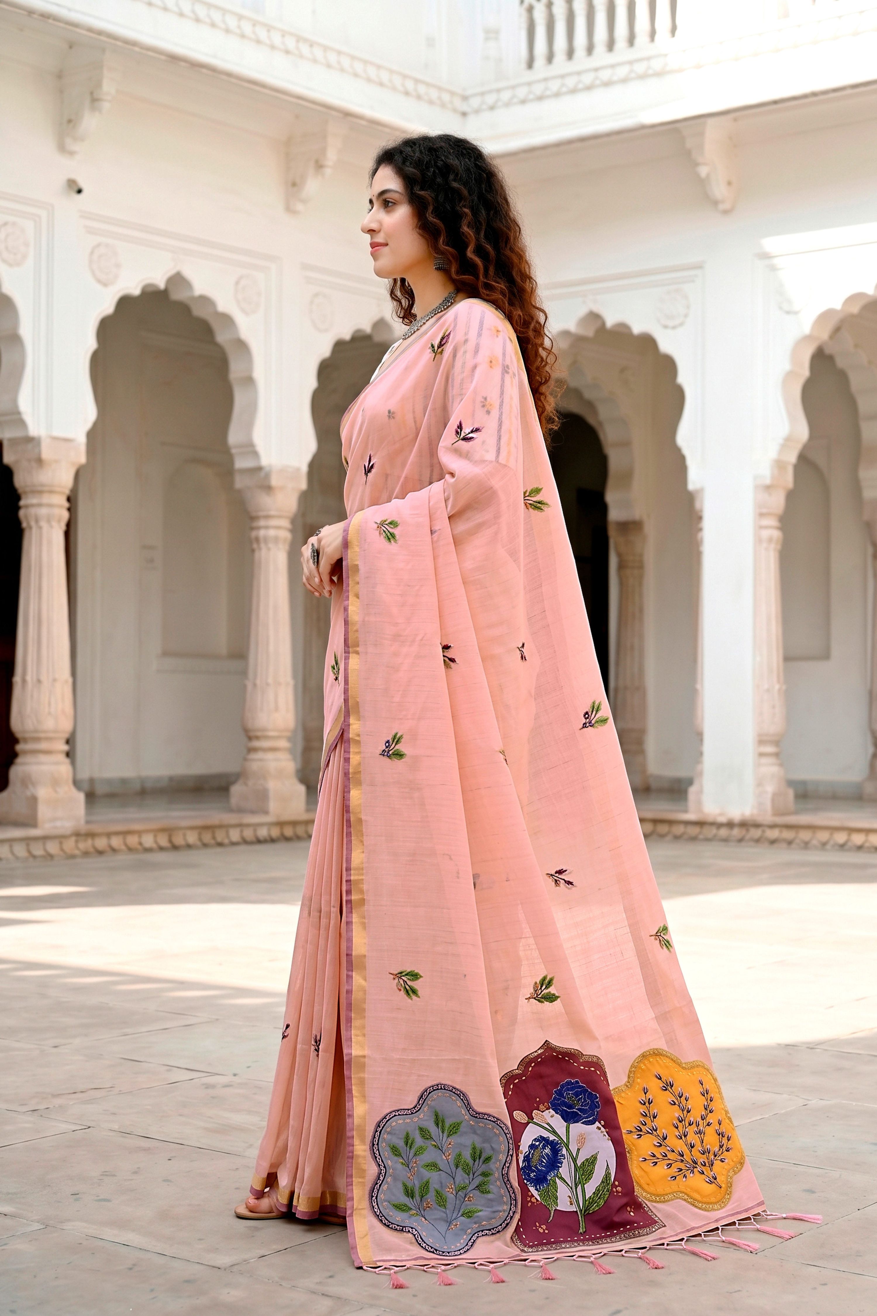 Sangam Prints Peach Cotton Blend Woven Work Traditional Saree | Grocsy