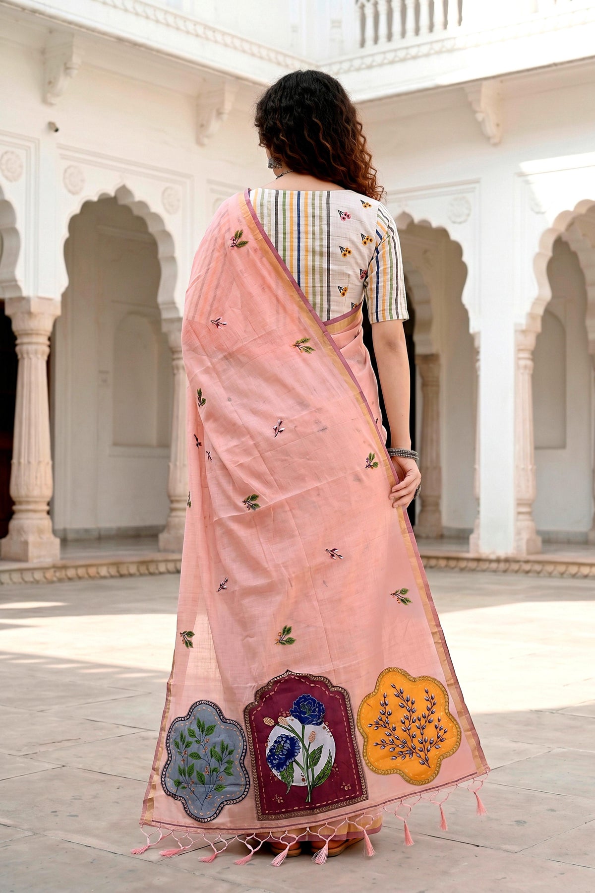 Sangam Prints Peach Cotton Blend Woven Work Traditional Saree | Grocsy
