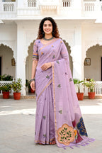 Sangam Prints Lavender Cotton Blend Woven Work Traditional Saree | Grocsy
