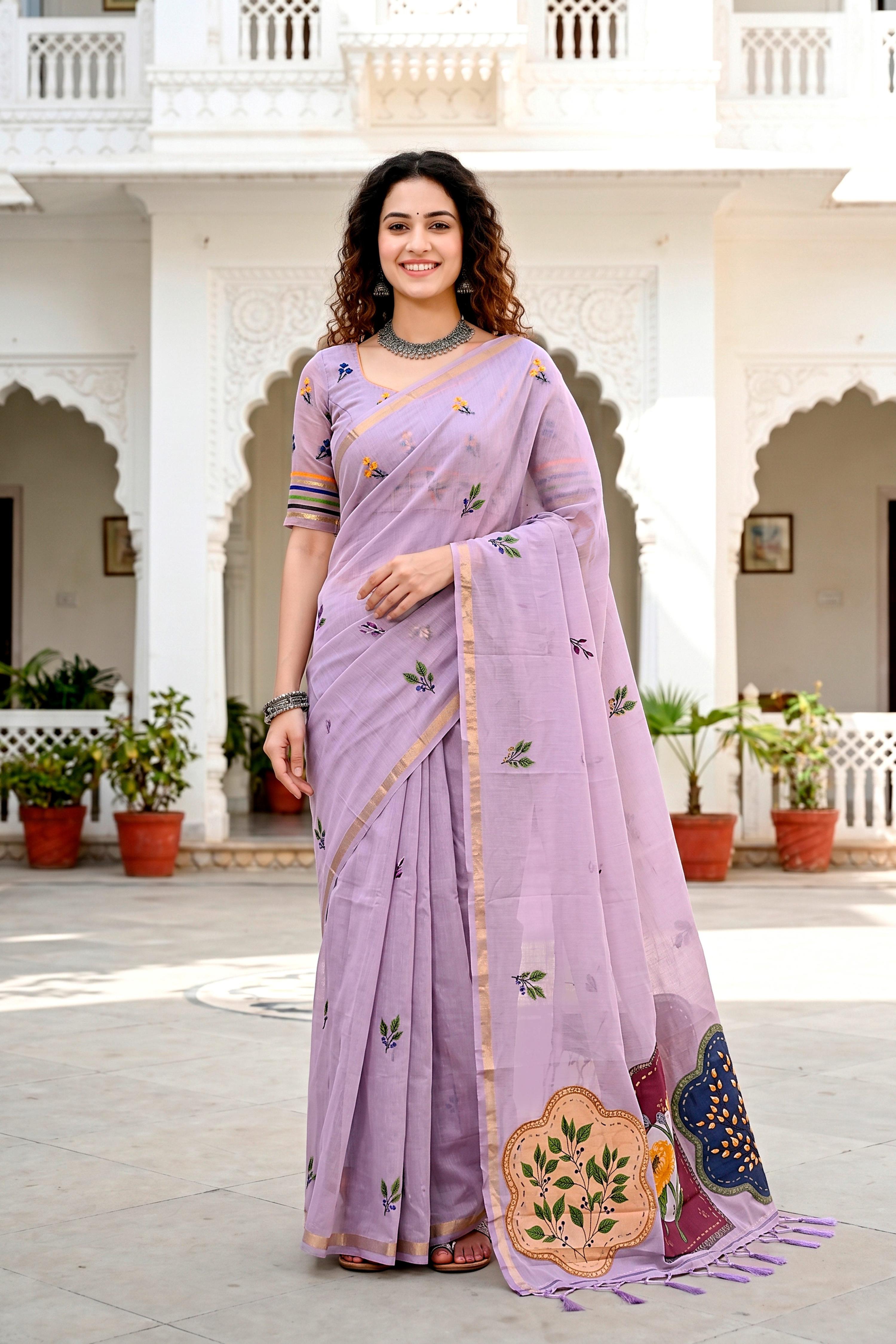 Sangam Prints Lavender Cotton Blend Woven Work Traditional Saree | Grocsy