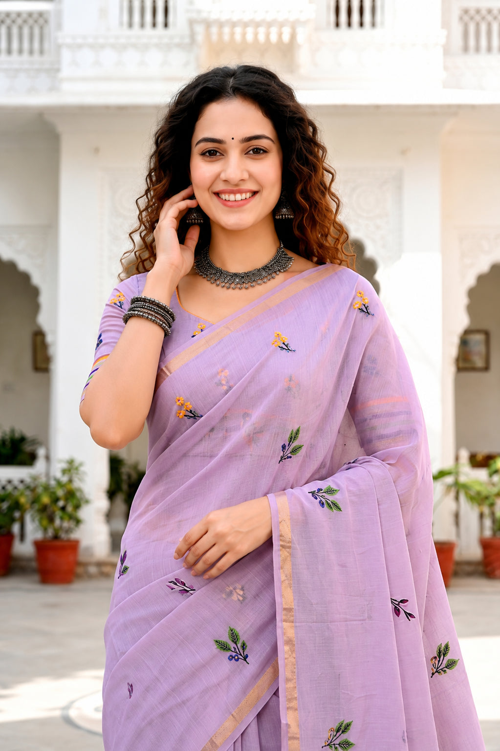 Sangam Prints Lavender Cotton Blend Woven Work Traditional Saree | Grocsy