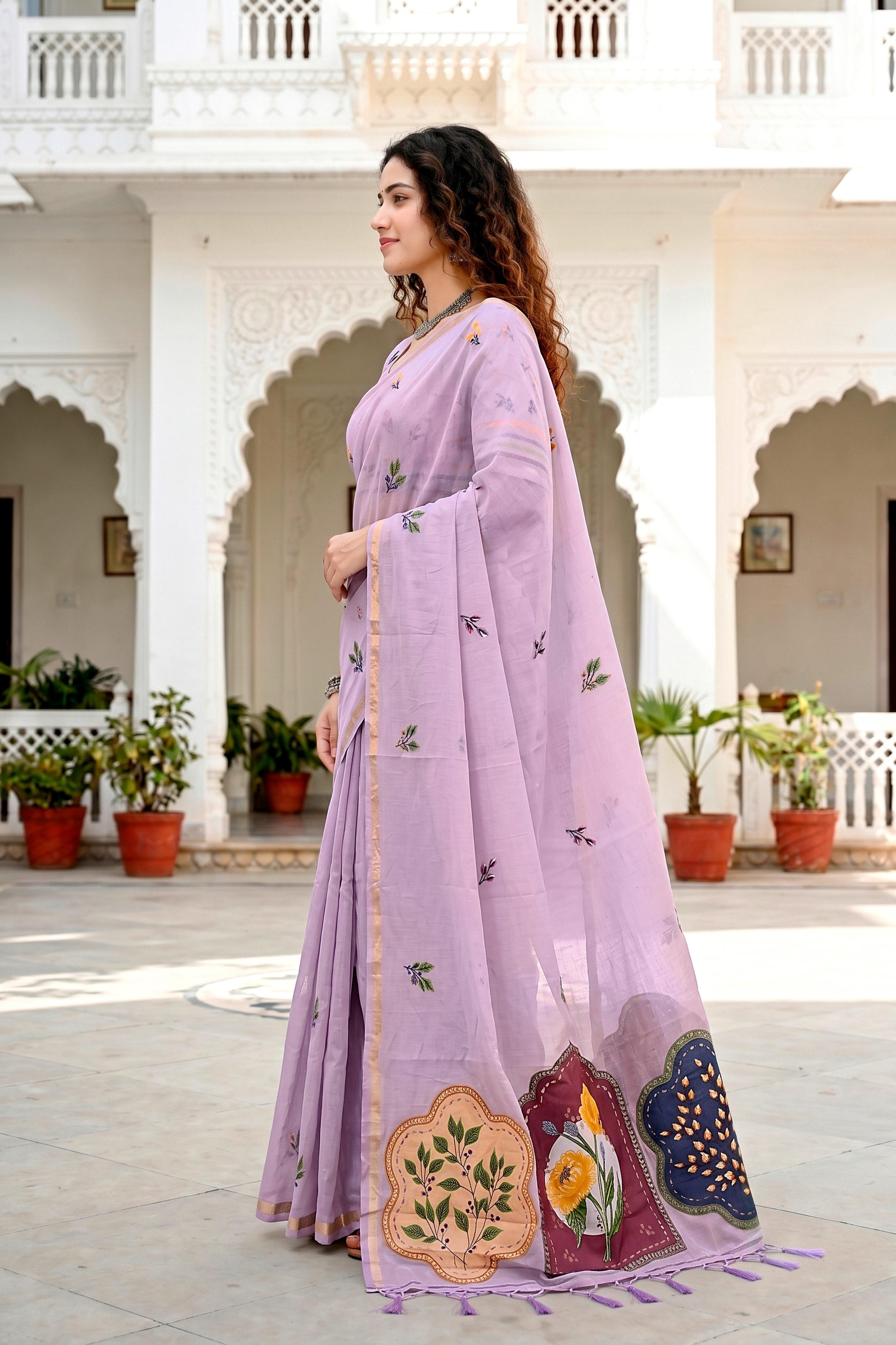 Sangam Prints Lavender Cotton Blend Woven Work Traditional Saree | Grocsy