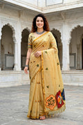 Sangam Prints Mustard Yellow Cotton Blend Woven Work Traditional Saree | Grocsy