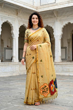 Sangam Prints Mustard Yellow Cotton Blend Woven Work Traditional Saree | Grocsy