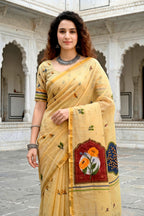 Sangam Prints Mustard Yellow Cotton Blend Woven Work Traditional Saree | Grocsy