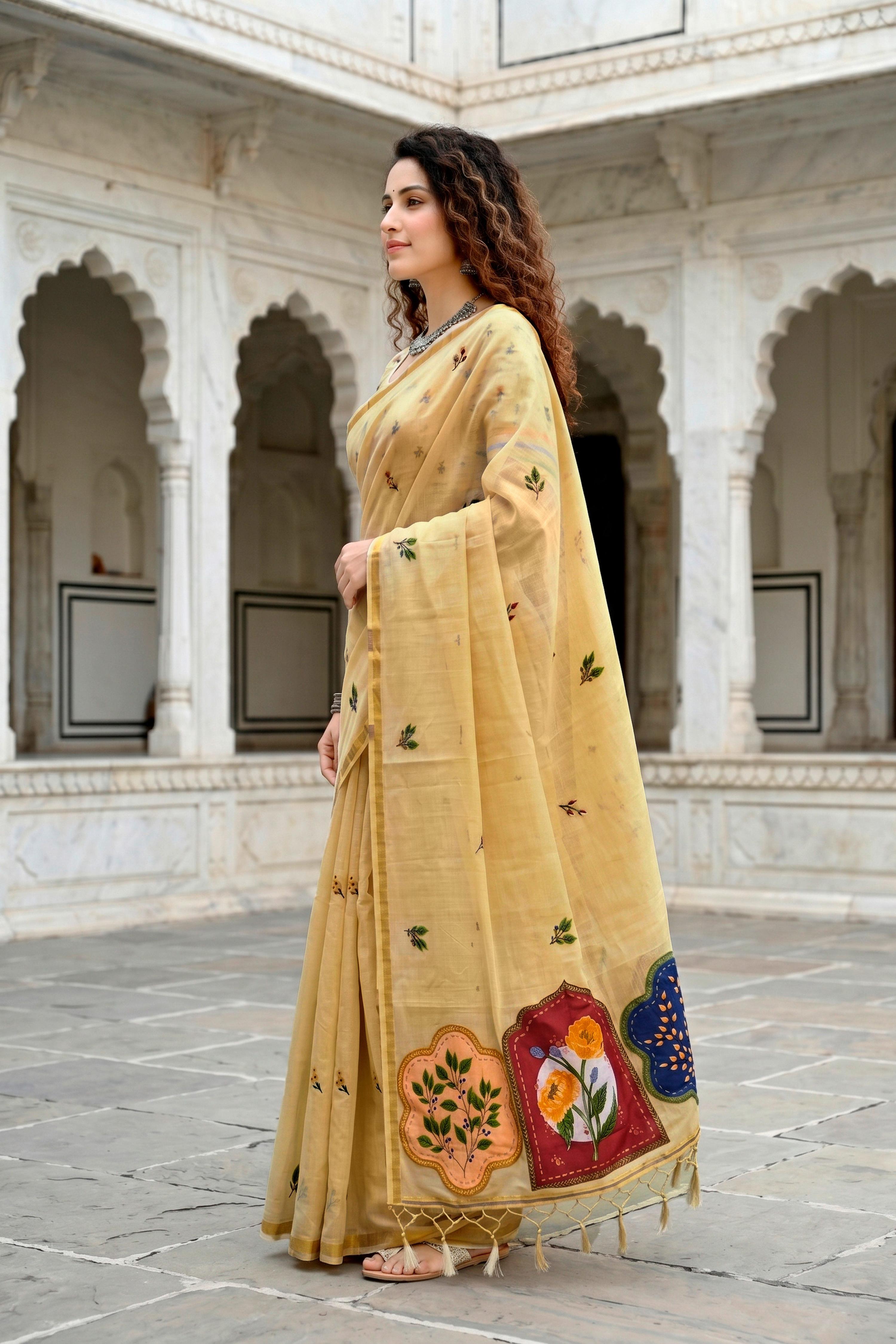 Sangam Prints Mustard Yellow Cotton Blend Woven Work Traditional Saree | Grocsy