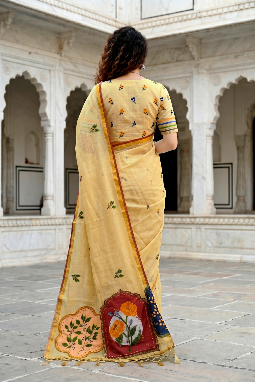 Sangam Prints Mustard Yellow Cotton Blend Woven Work Traditional Saree | Grocsy