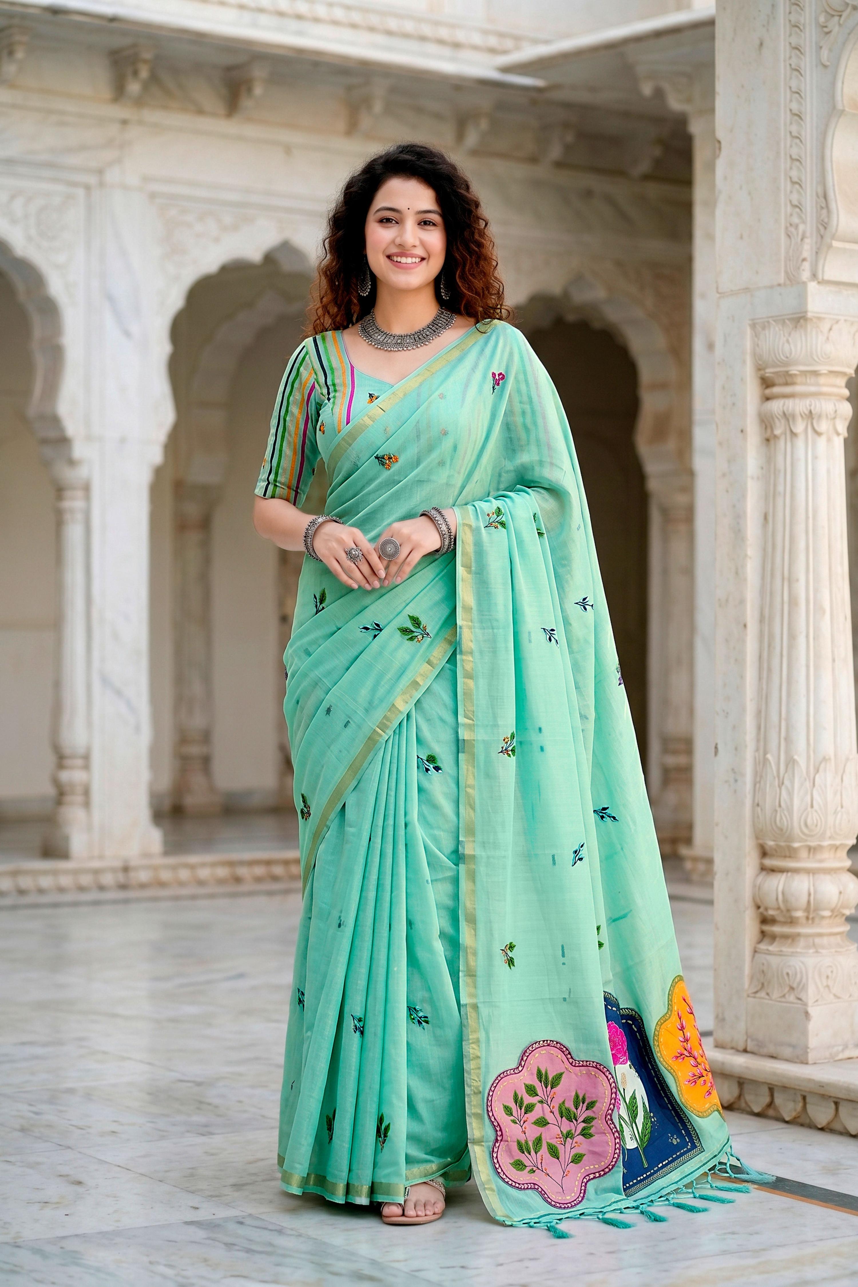 Sangam Prints Aqua Green Cotton Blend Woven Work Traditional Saree | Grocsy