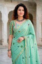 Sangam Prints Aqua Green Cotton Blend Woven Work Traditional Saree | Grocsy