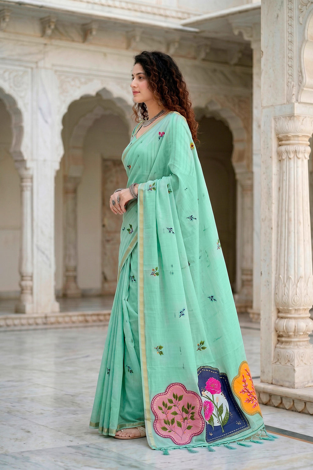 Sangam Prints Aqua Green Cotton Blend Woven Work Traditional Saree | Grocsy