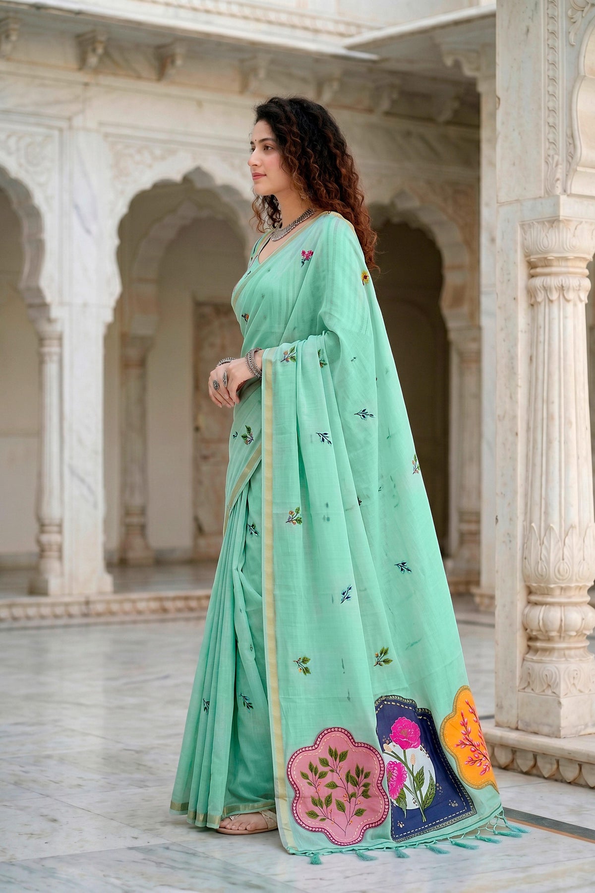 Sangam Prints Aqua Green Cotton Blend Woven Work Traditional Saree | Grocsy