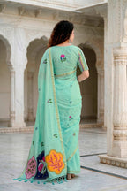 Sangam Prints Aqua Green Cotton Blend Woven Work Traditional Saree | Grocsy