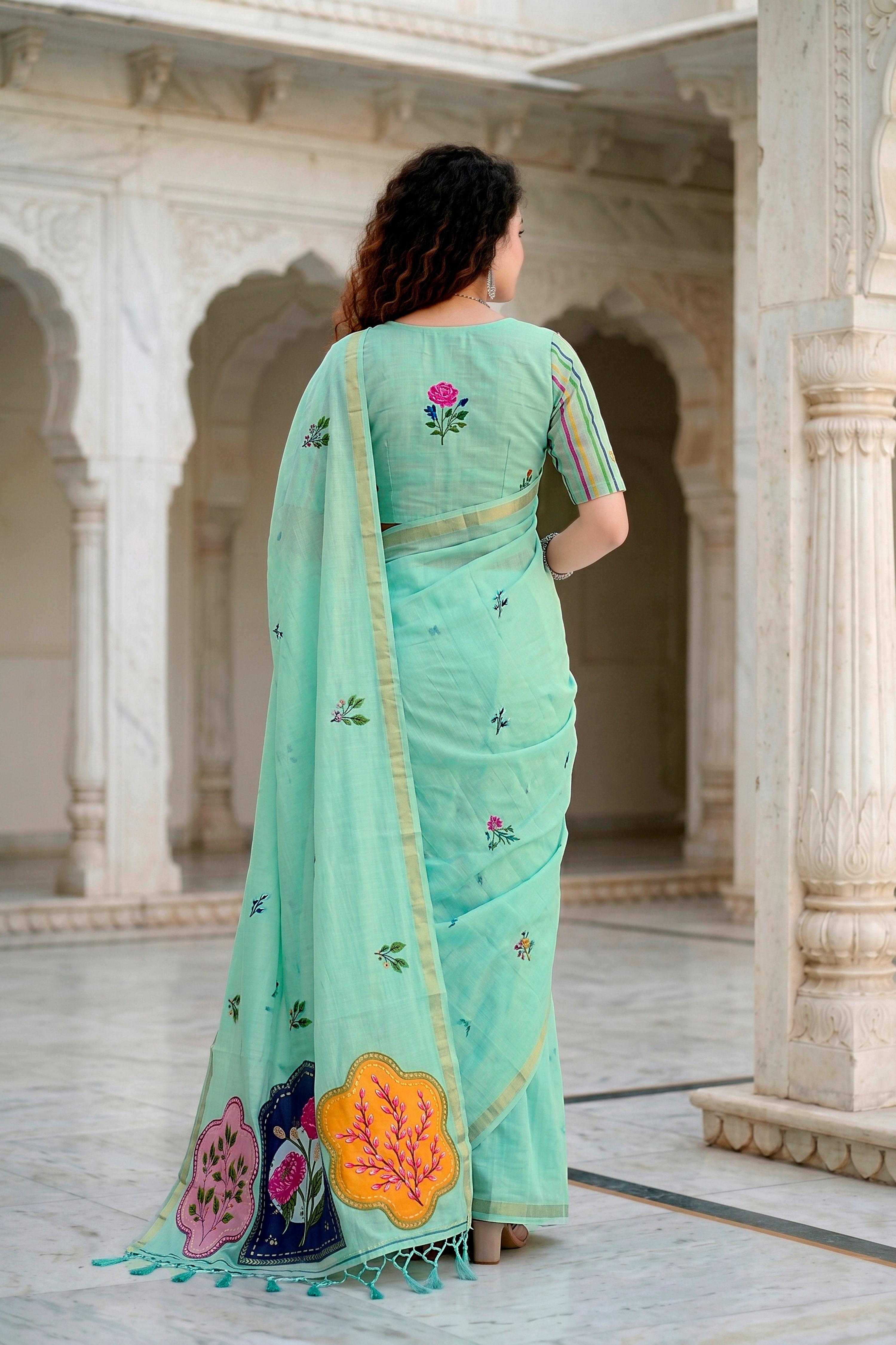 Sangam Prints Aqua Green Cotton Blend Woven Work Traditional Saree | Grocsy