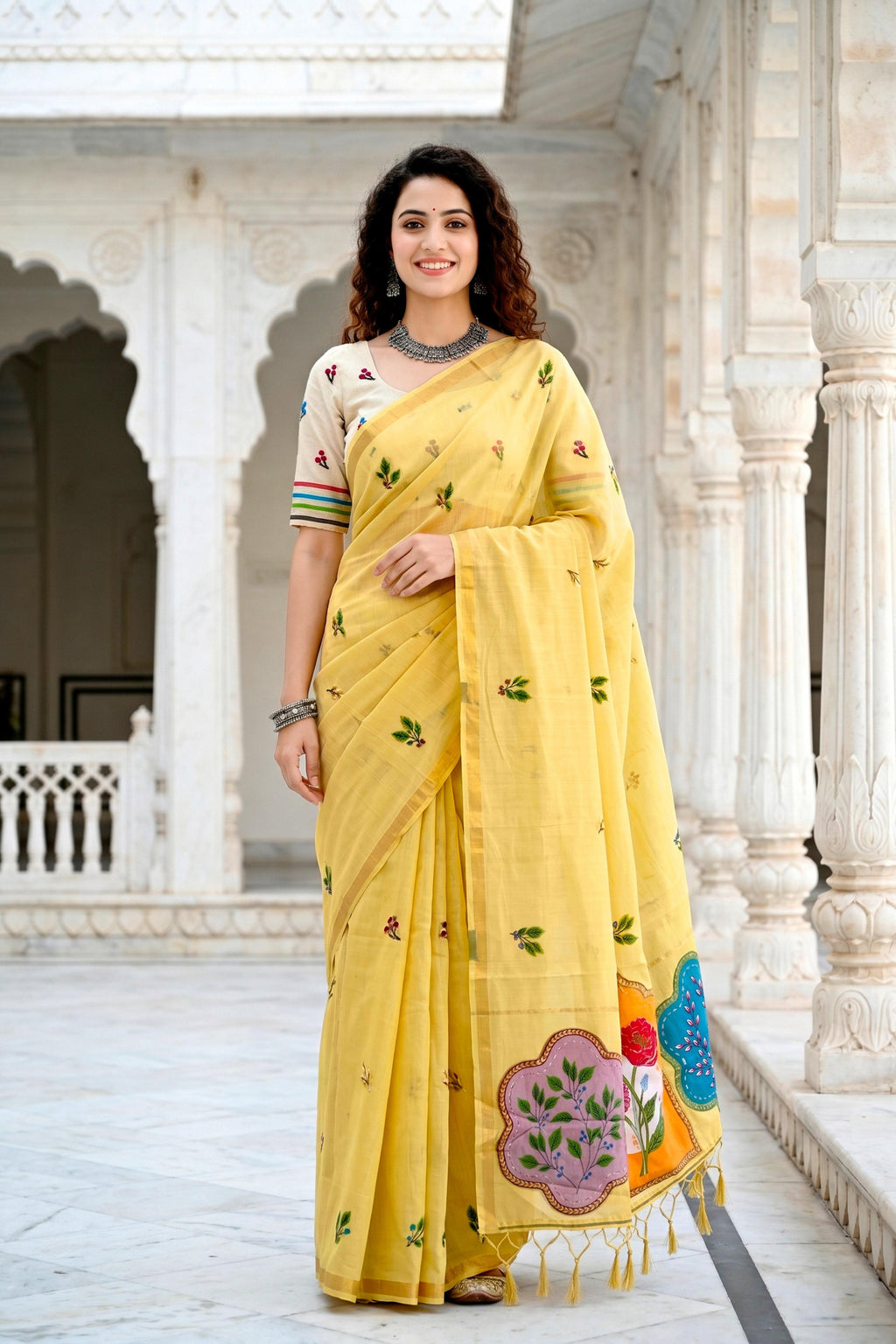 Sangam Prints Lemon Yellow Cotton Blend Woven Work Traditional Saree | Grocsy