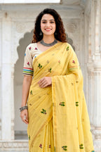 Sangam Prints Lemon Yellow Cotton Blend Woven Work Traditional Saree | Grocsy