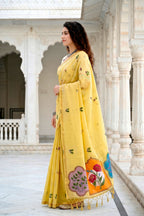 Sangam Prints Lemon Yellow Cotton Blend Woven Work Traditional Saree | Grocsy