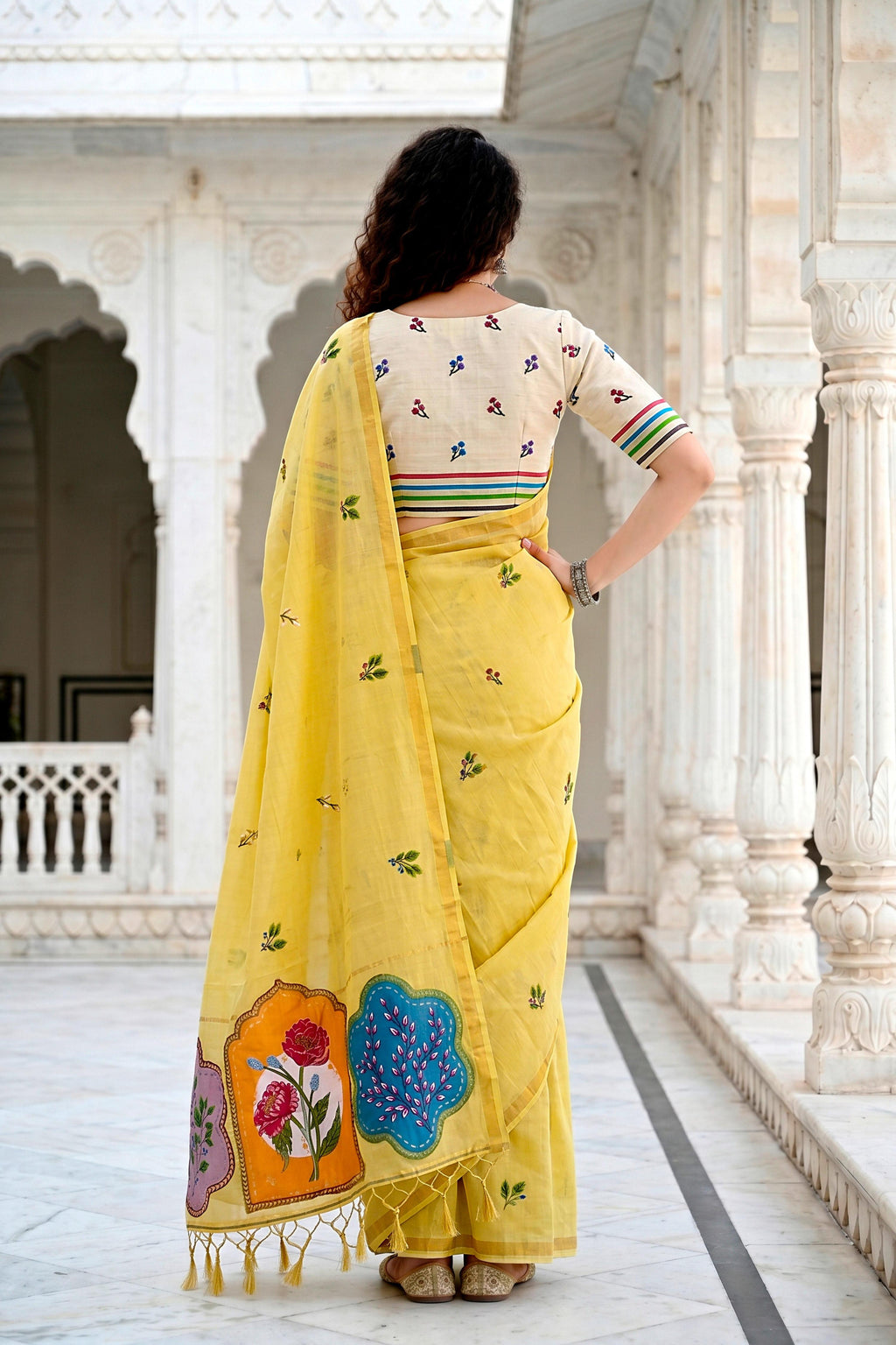 Sangam Prints Lemon Yellow Cotton Blend Woven Work Traditional Saree | Grocsy