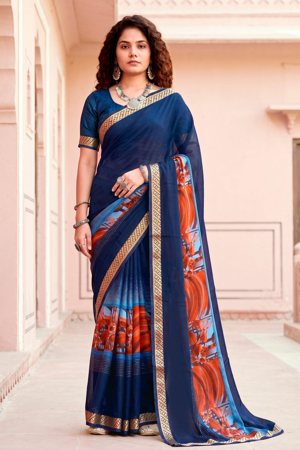 Sangam Prints Navy Blue Cotton Blend Woven Work Traditional Saree | Grocsy