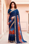 Sangam Prints Navy Blue Cotton Blend Woven Work Traditional Saree | Grocsy