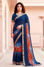 Sangam Prints Navy Blue Cotton Blend Woven Work Traditional Saree | Grocsy