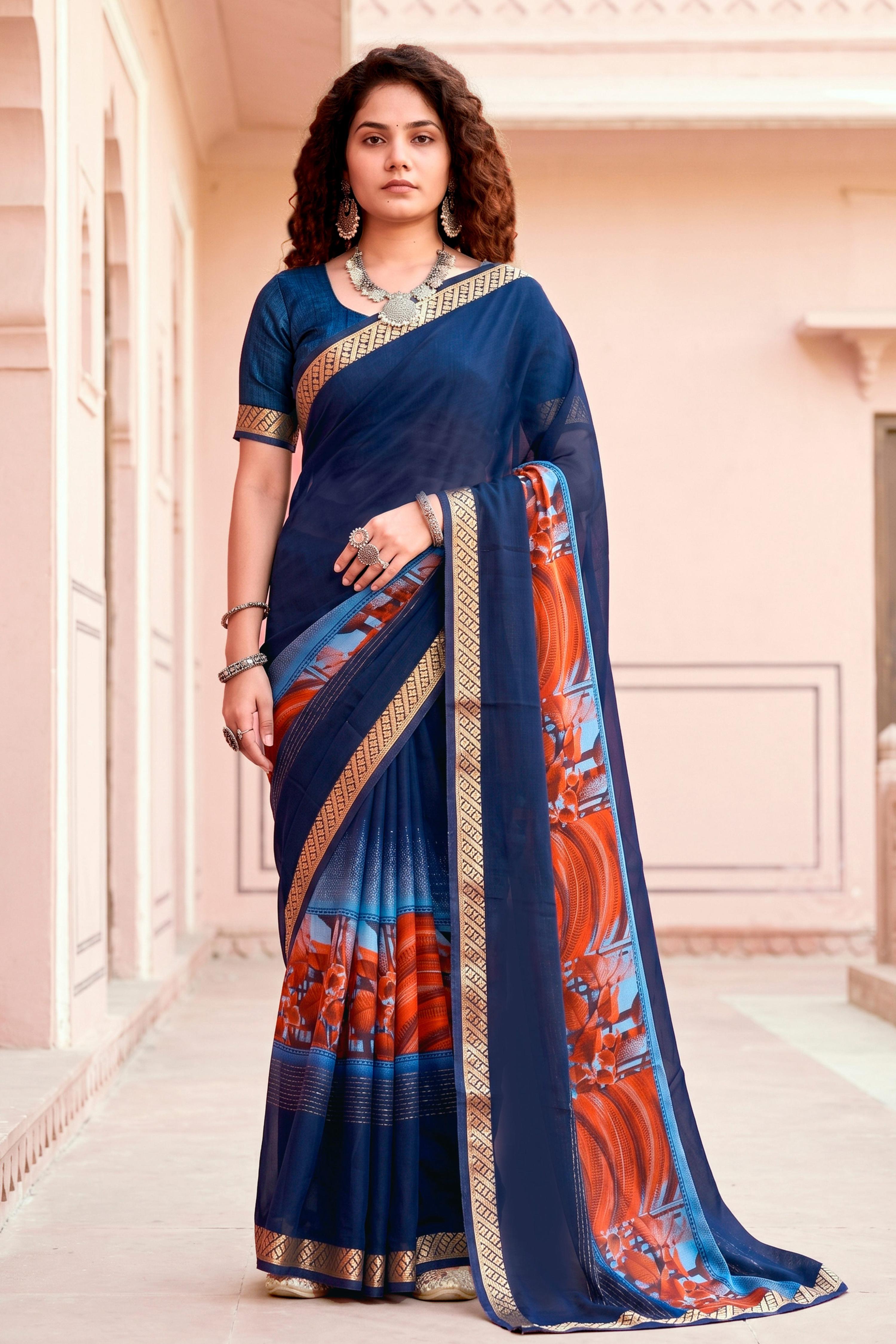 Sangam Prints Navy Blue Cotton Blend Woven Work Traditional Saree | Grocsy