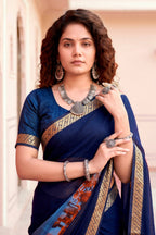 Sangam Prints Navy Blue Cotton Blend Woven Work Traditional Saree | Grocsy