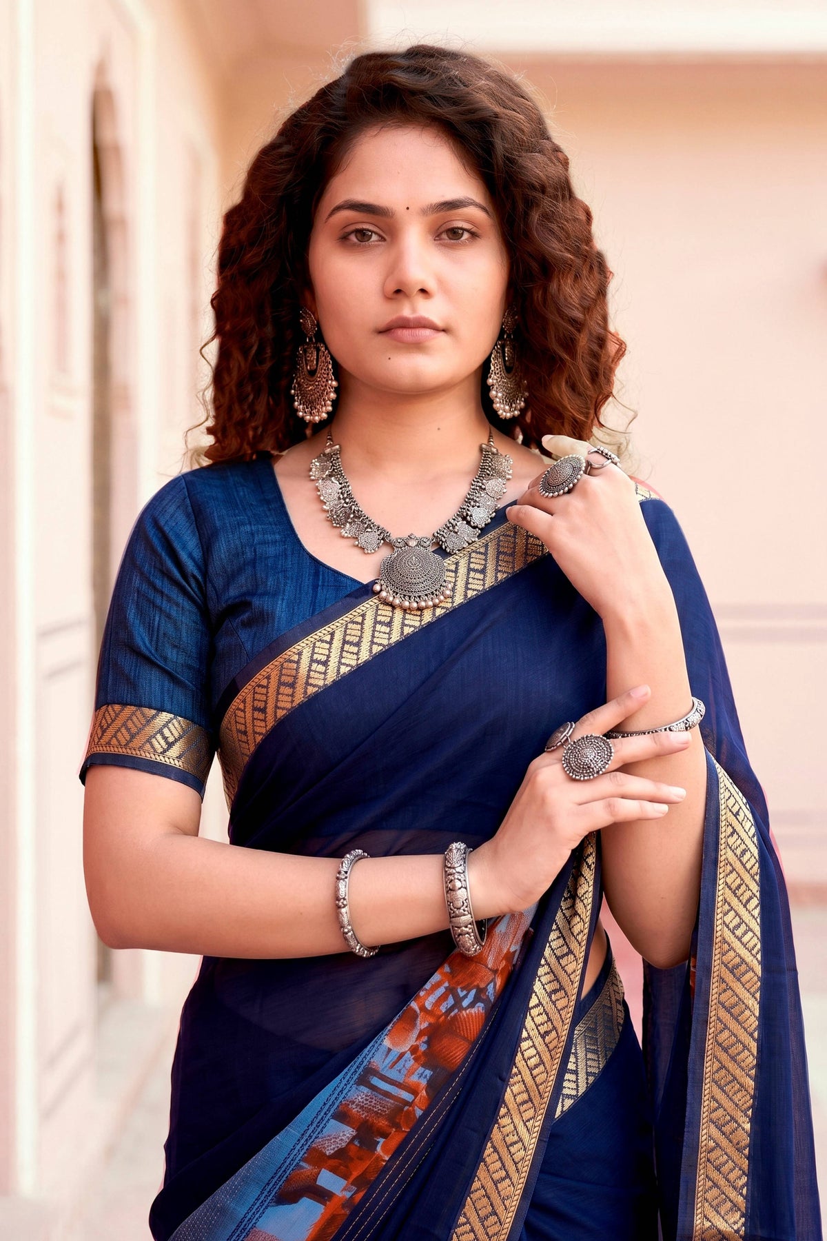 Sangam Prints Navy Blue Cotton Blend Woven Work Traditional Saree | Grocsy