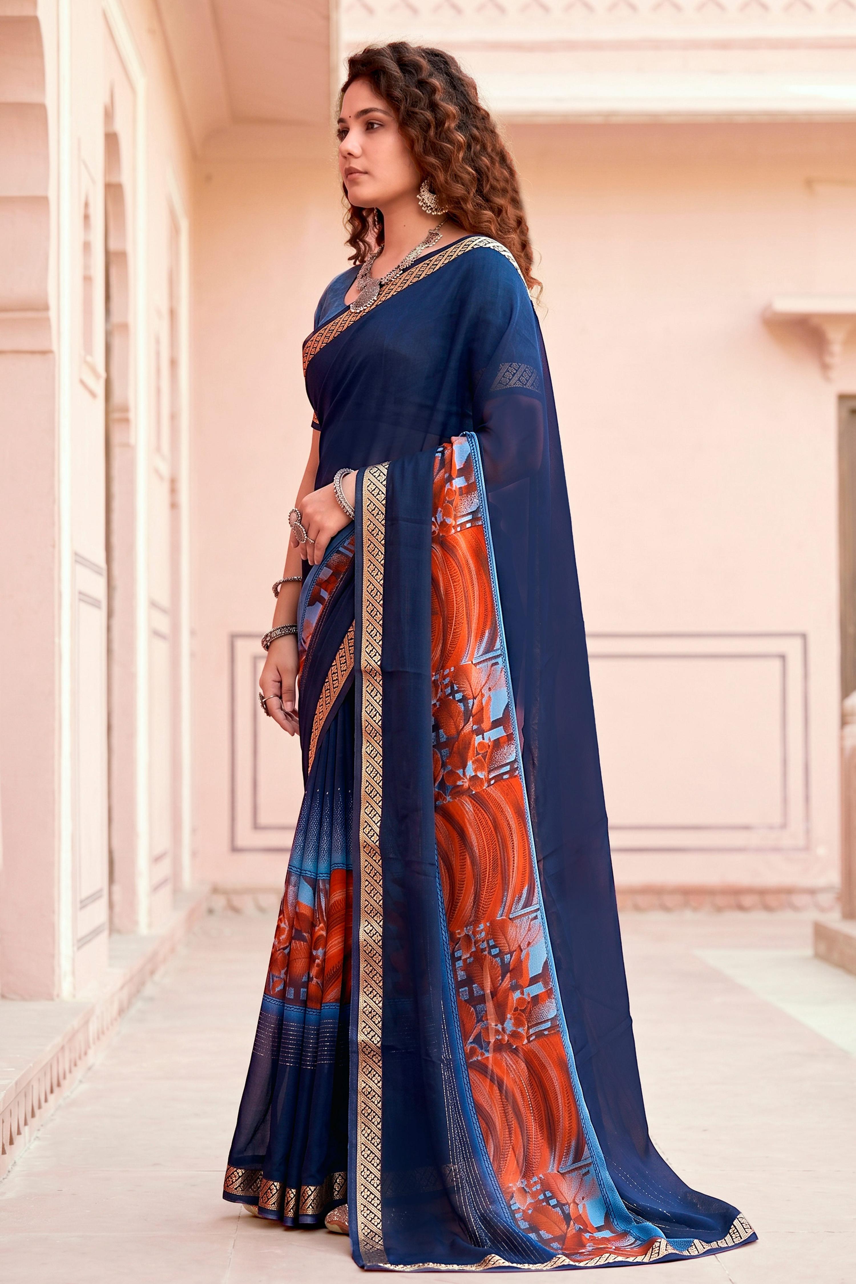 Sangam Prints Navy Blue Cotton Blend Woven Work Traditional Saree | Grocsy