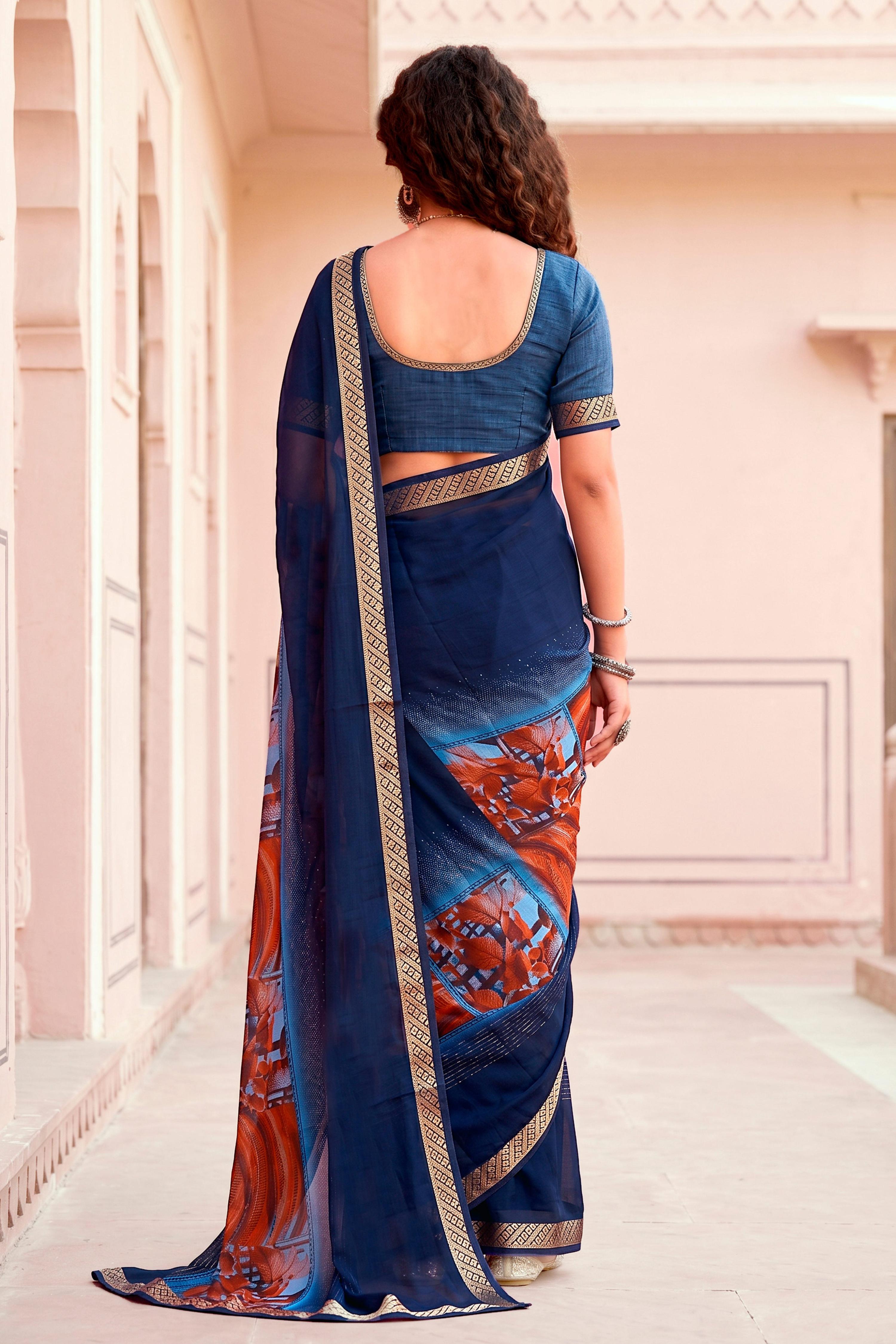 Sangam Prints Navy Blue Cotton Blend Woven Work Traditional Saree | Grocsy