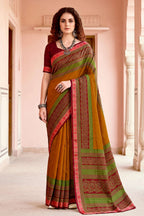 Sangam Prints Mustard Cotton Blend Woven Work Traditional Saree | Grocsy