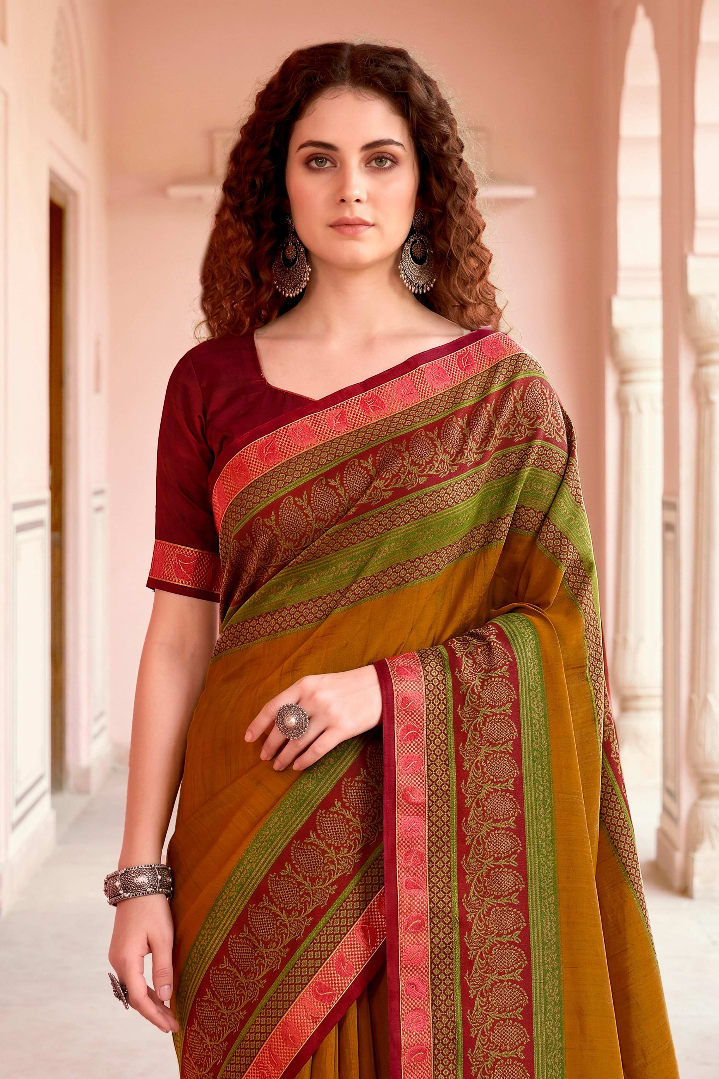 Sangam Prints Mustard Cotton Blend Woven Work Traditional Saree | Grocsy