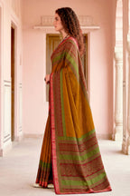 Sangam Prints Mustard Cotton Blend Woven Work Traditional Saree | Grocsy