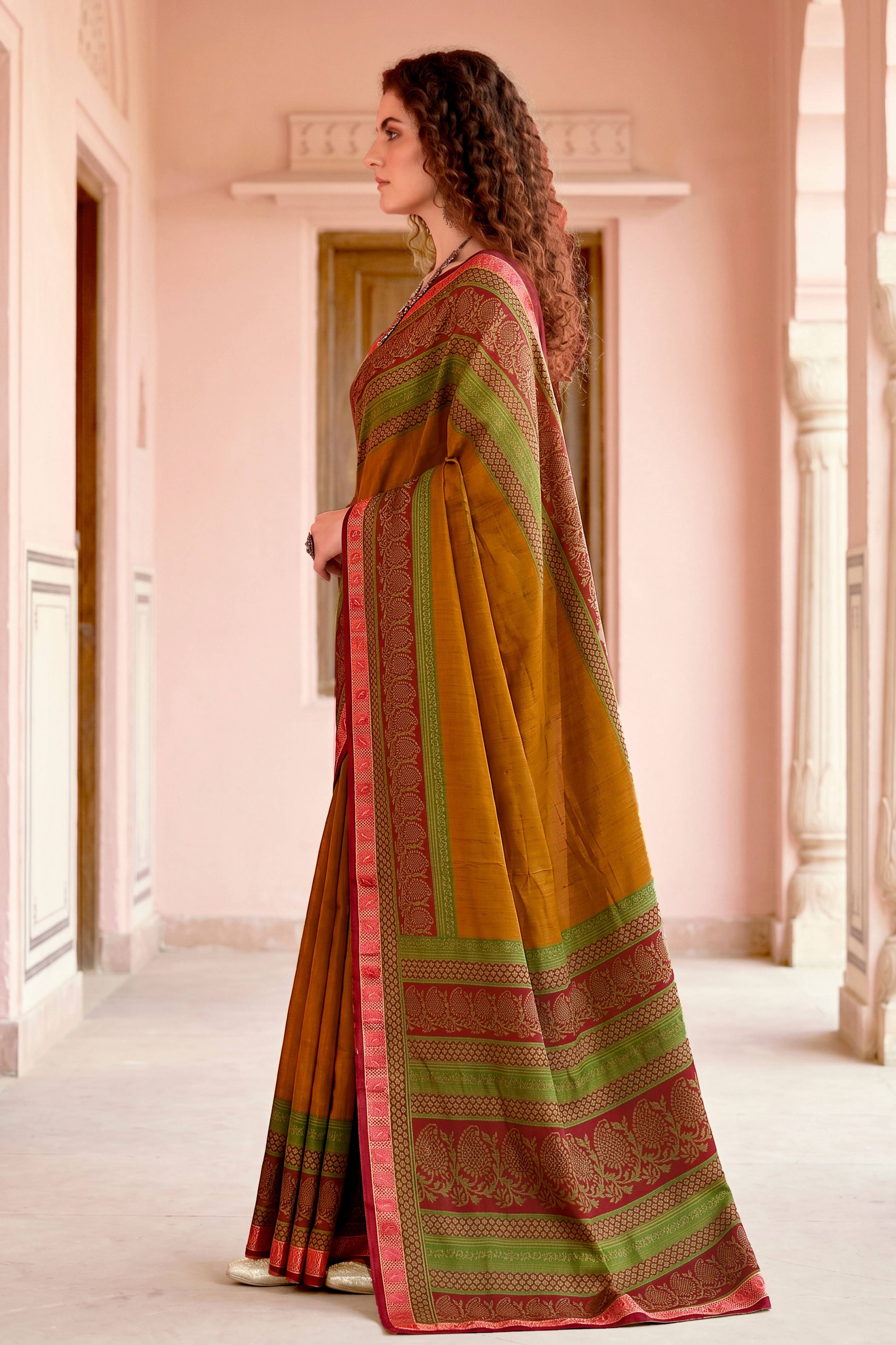 Sangam Prints Mustard Cotton Blend Woven Work Traditional Saree | Grocsy