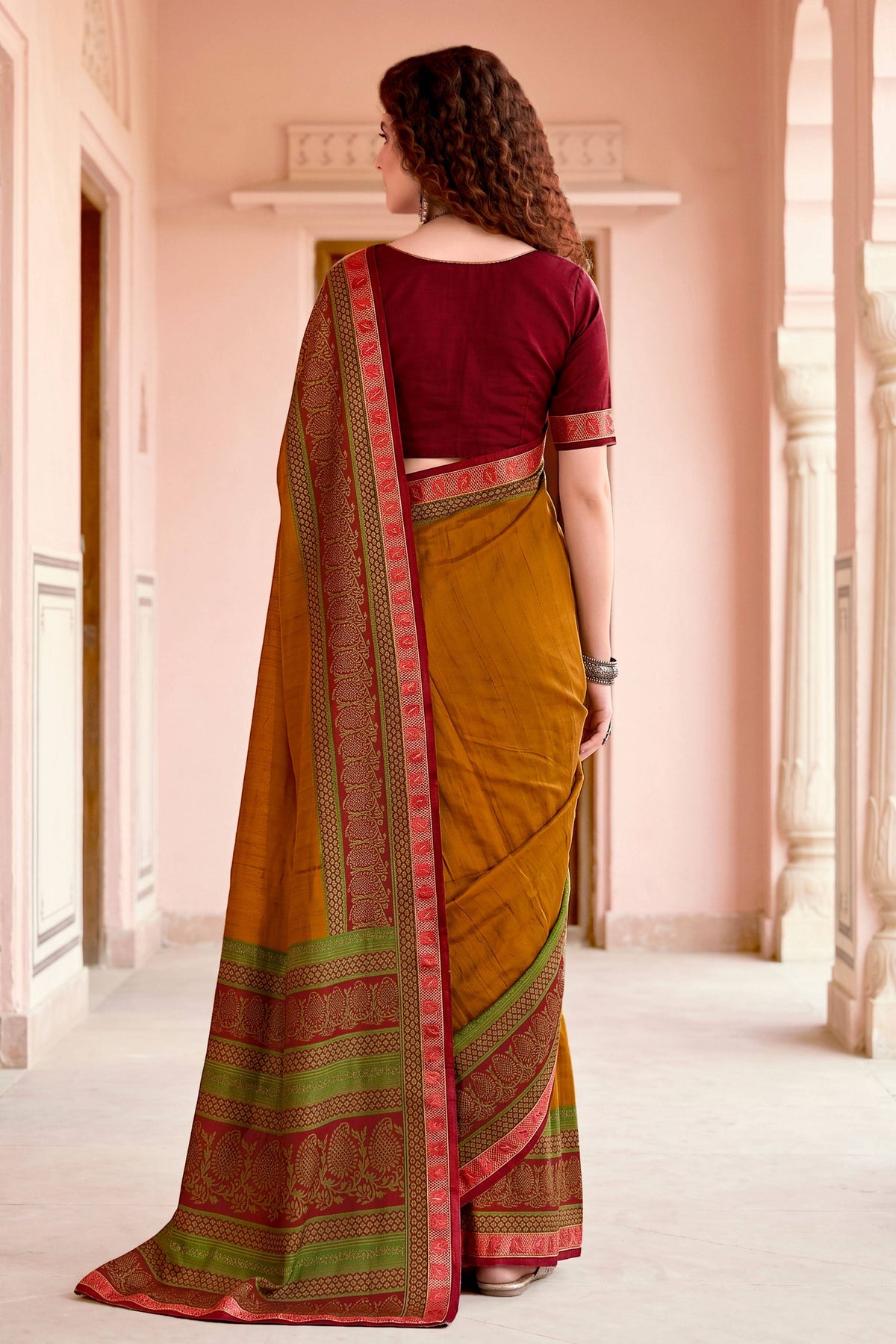 Sangam Prints Mustard Cotton Blend Woven Work Traditional Saree | Grocsy
