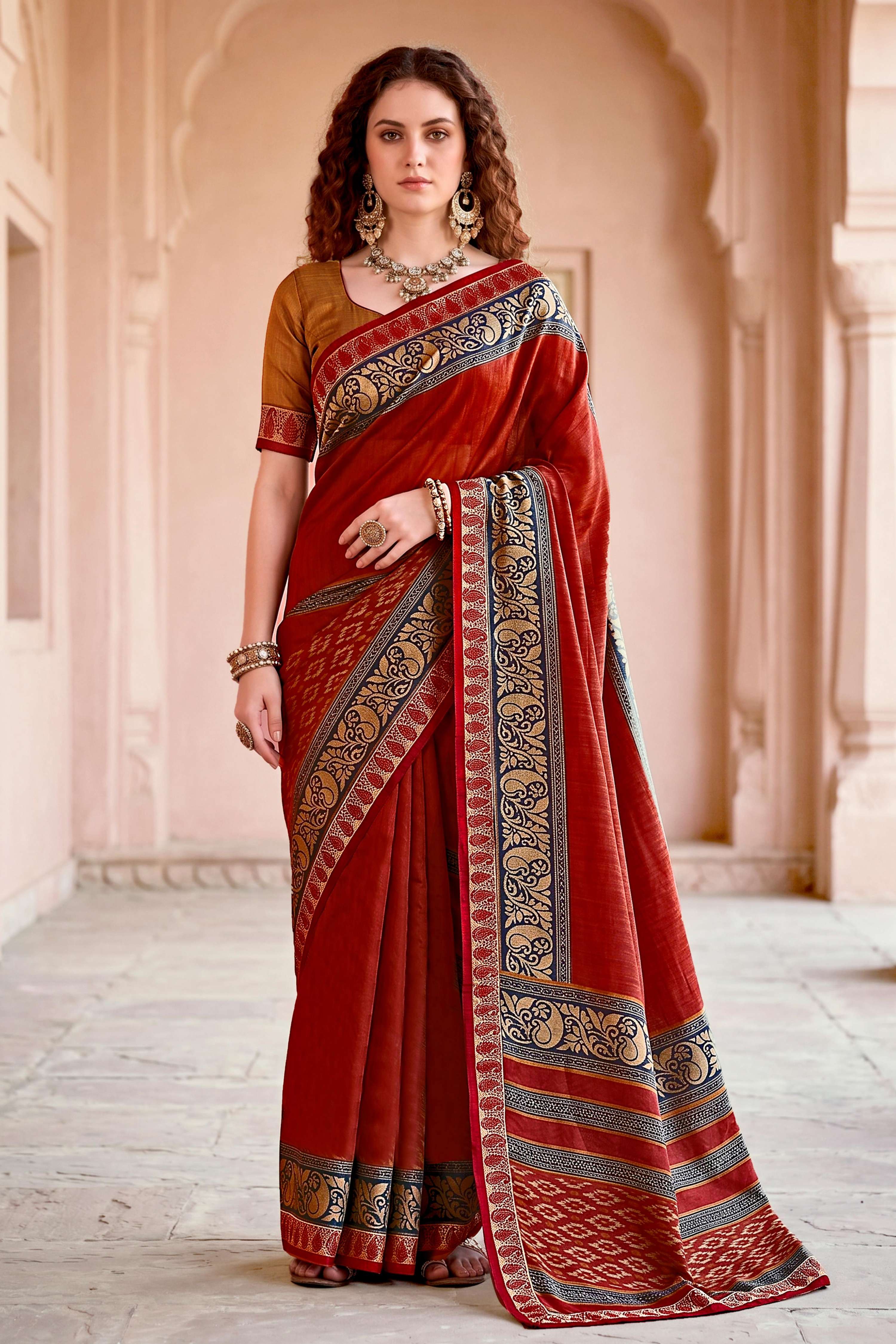 Sangam Prints Deep Red Cotton Blend Woven Work Traditional Saree | Grocsy