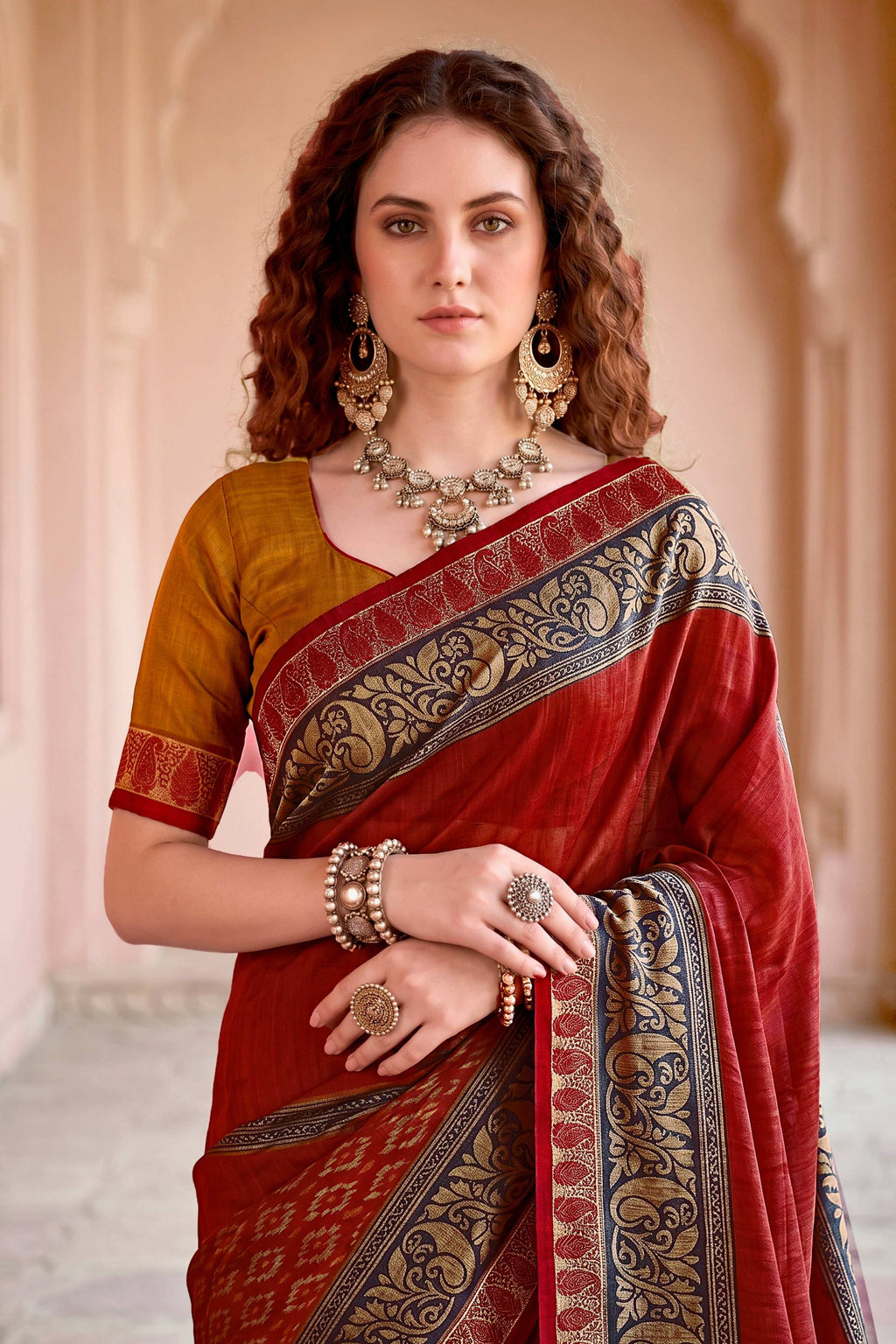 Sangam Prints Deep Red Cotton Blend Woven Work Traditional Saree | Grocsy