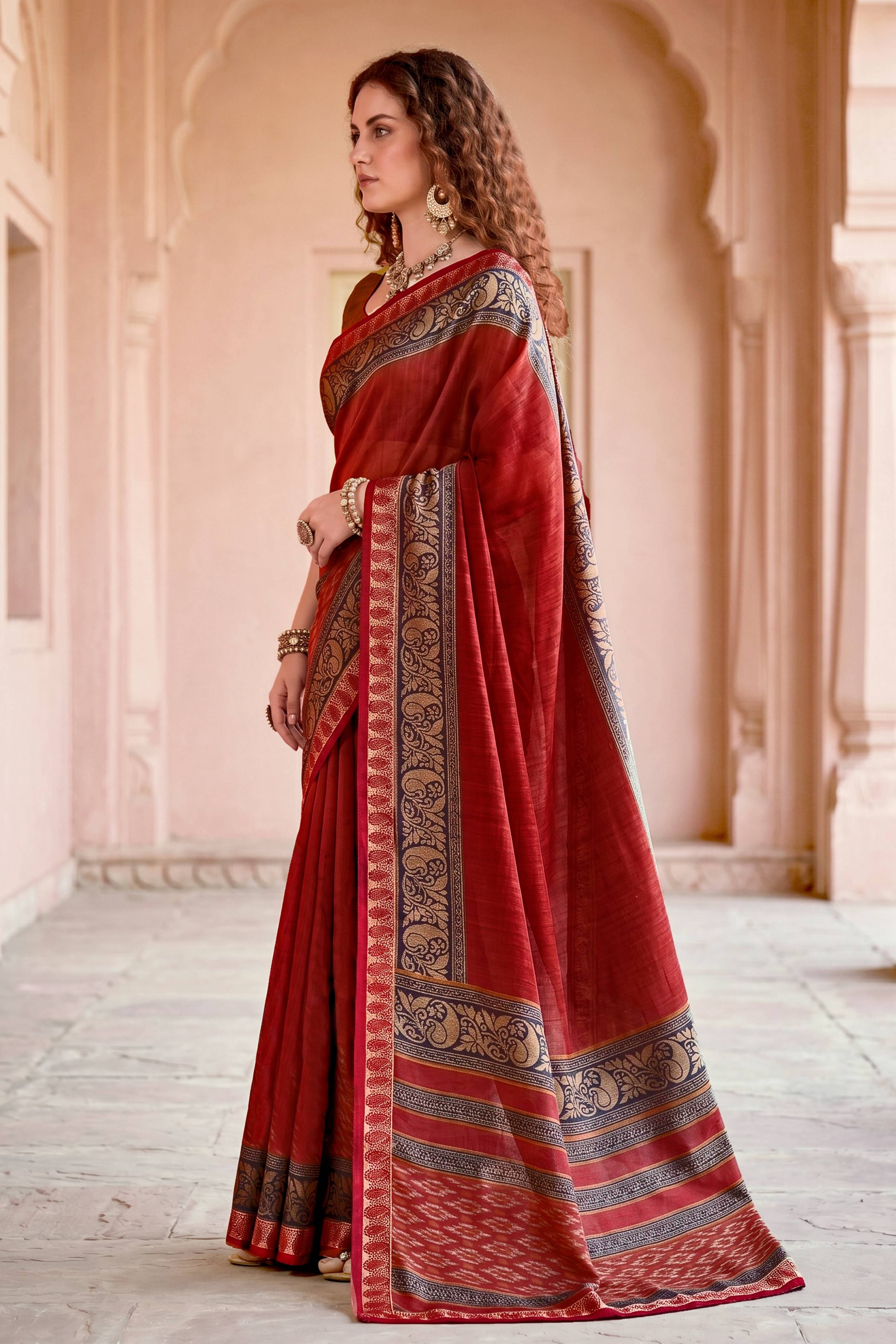Sangam Prints Deep Red Cotton Blend Woven Work Traditional Saree | Grocsy