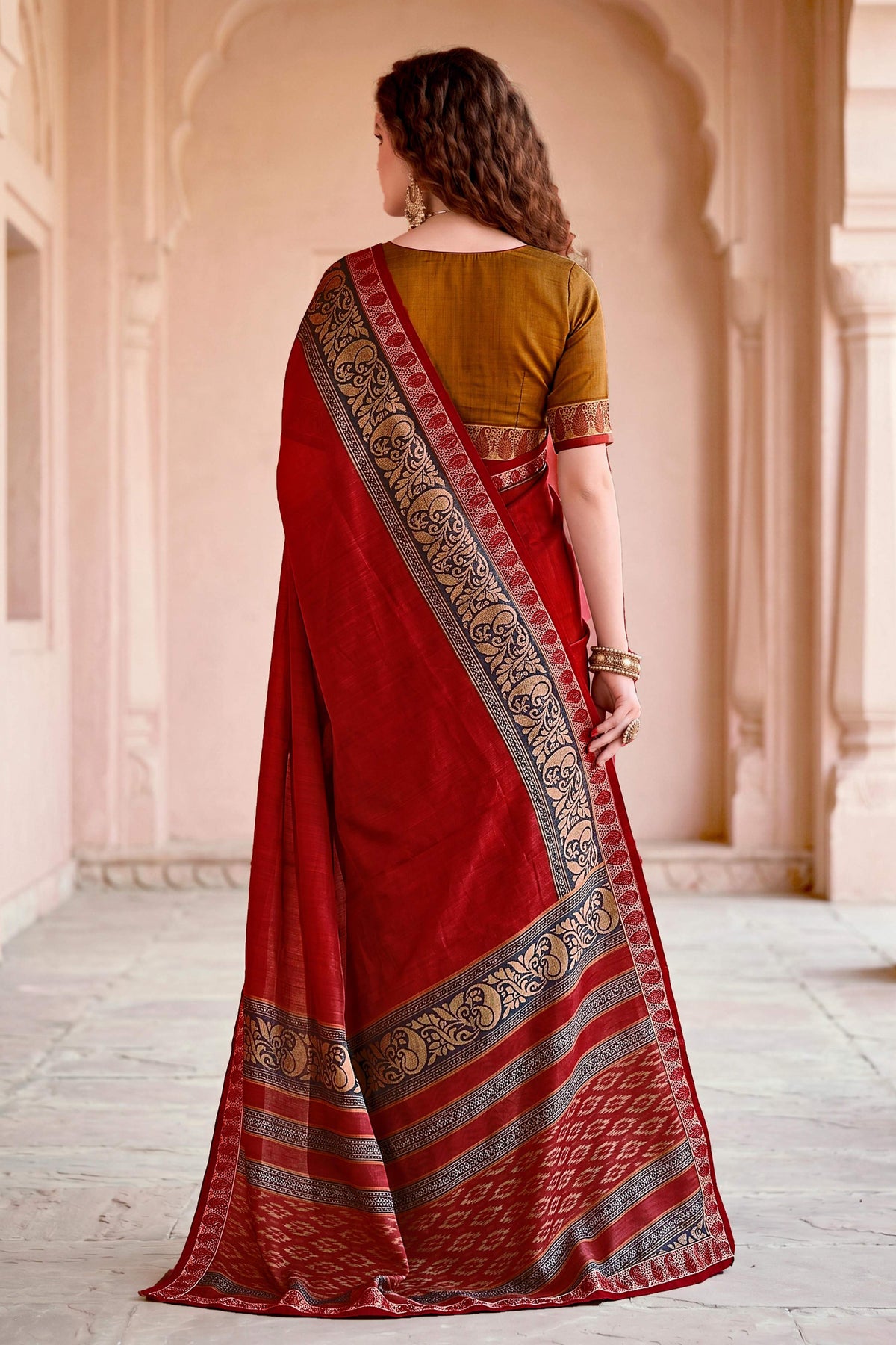Sangam Prints Deep Red Cotton Blend Woven Work Traditional Saree | Grocsy