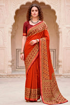 Sangam Prints Rust Orange Cotton Blend Woven Work Traditional Saree | Grocsy