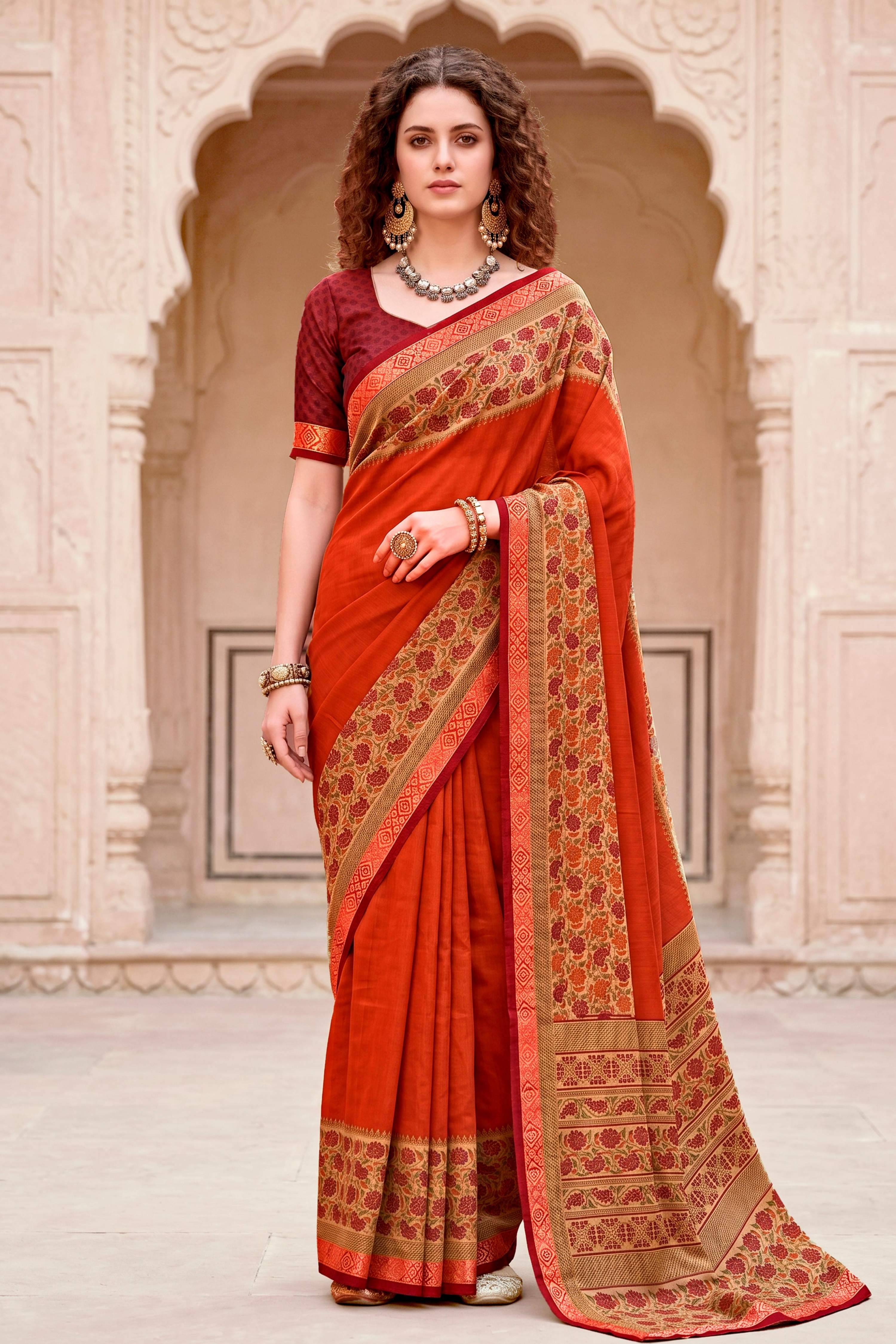 Sangam Prints Rust Orange Cotton Blend Woven Work Traditional Saree | Grocsy