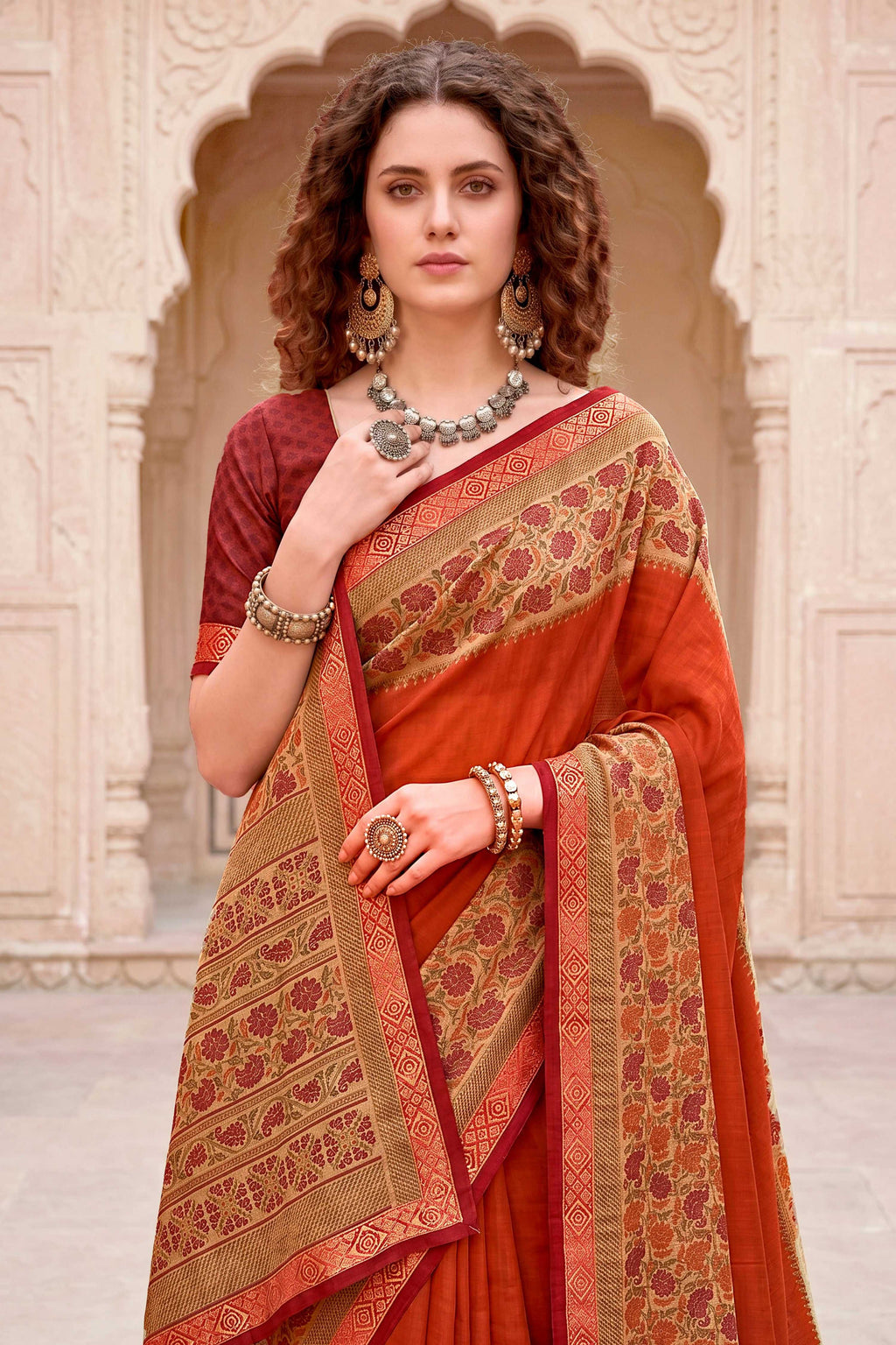 Sangam Prints Rust Orange Cotton Blend Woven Work Traditional Saree | Grocsy