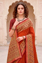 Sangam Prints Rust Orange Cotton Blend Woven Work Traditional Saree | Grocsy