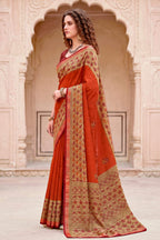 Sangam Prints Rust Orange Cotton Blend Woven Work Traditional Saree | Grocsy
